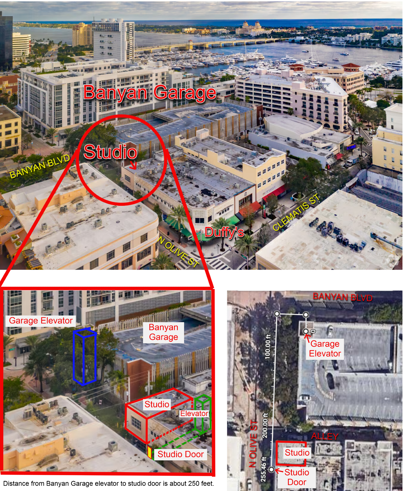 Aerial view showing ALIGN proposed studio and Banyan Garage proximity