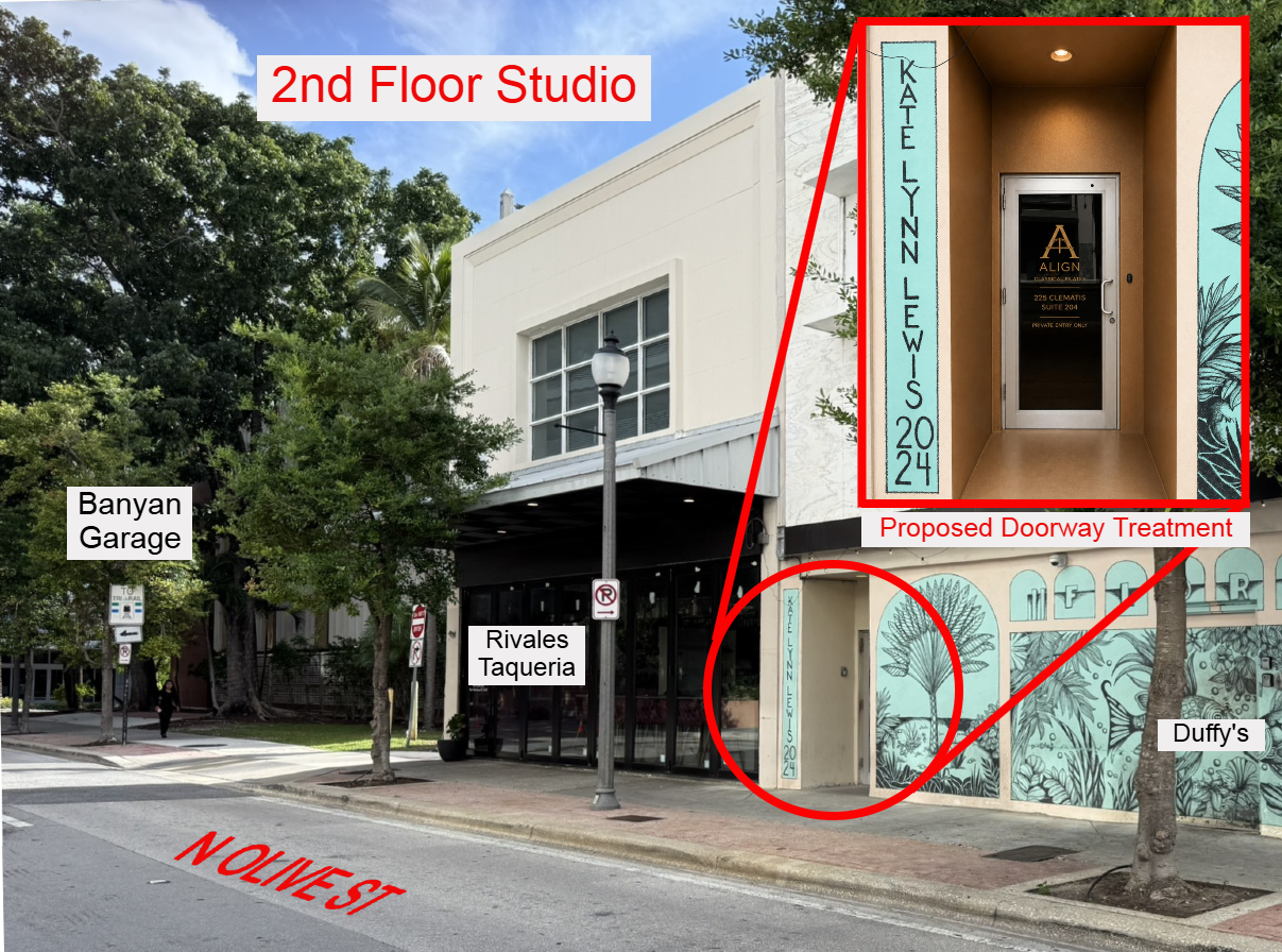 Olive Street view showing the second-floor studio, Banyan Garage and proposed ALIGN doorway treatment